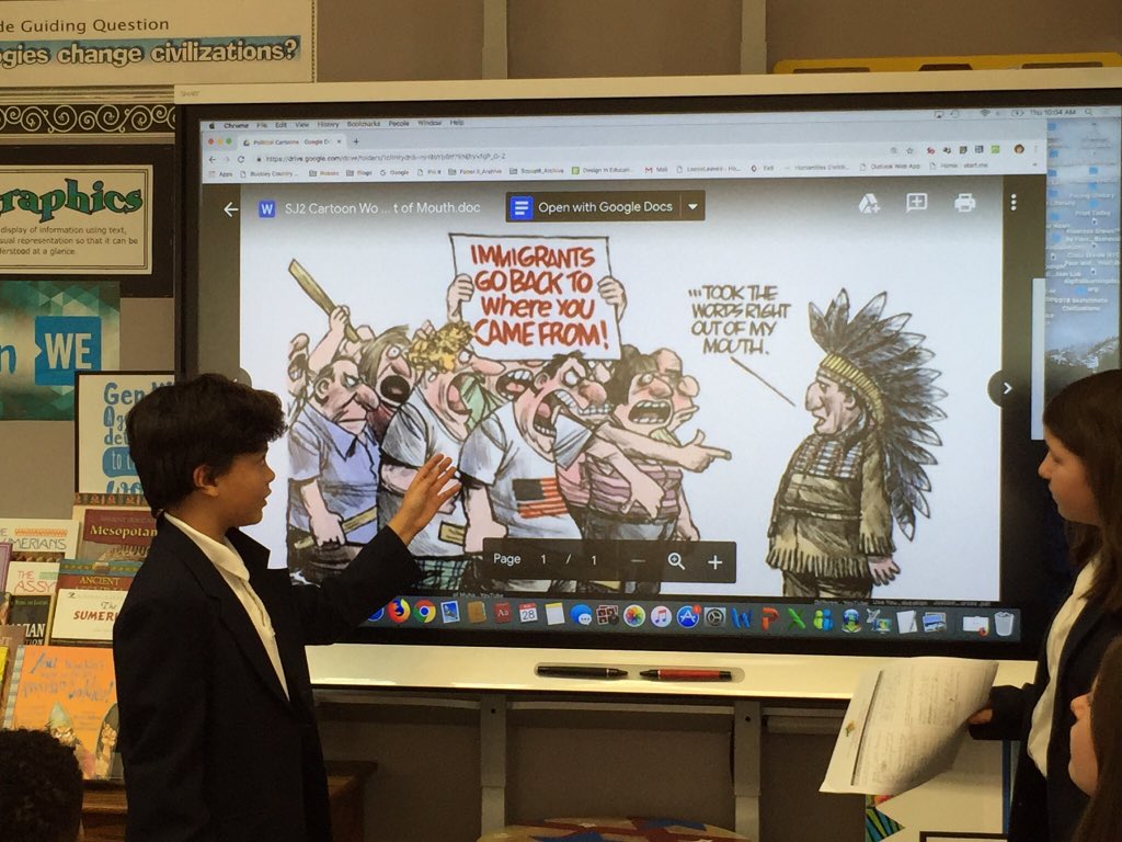 Humanity_BCDS's tweet photo. Students @BuckleyCDS analyze political cartoons as part of their social justice unit on indigenous rights, and then teach their classmates. @BcdsWilliamd @SophiaH__bcds @BcdsRebeccaf @AveenbB @BcdsLaurenk @AmaliasBcds @BcdsBobbym @BcdsTylert https://t.co/epju0U1jx8
