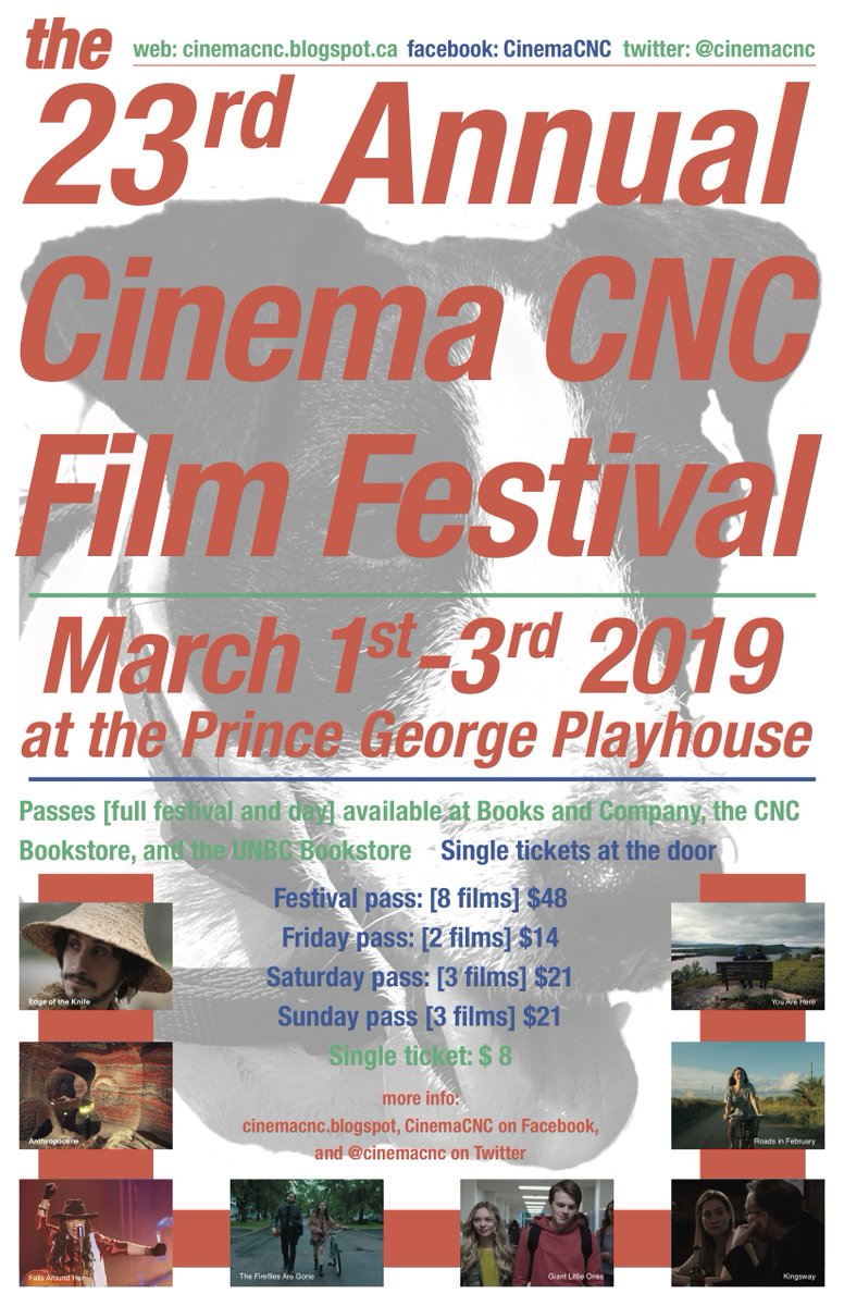 CinemaCNC's tweet photo. The @CinemaCNC Film Fest begins tomorrow! 8 great Canadian films over three days at the PG Playhouse! Passes available: @booksandcopg , the CNC Bookstore, and the UNBC Bookstore! https://t.co/FzUCduiE6K