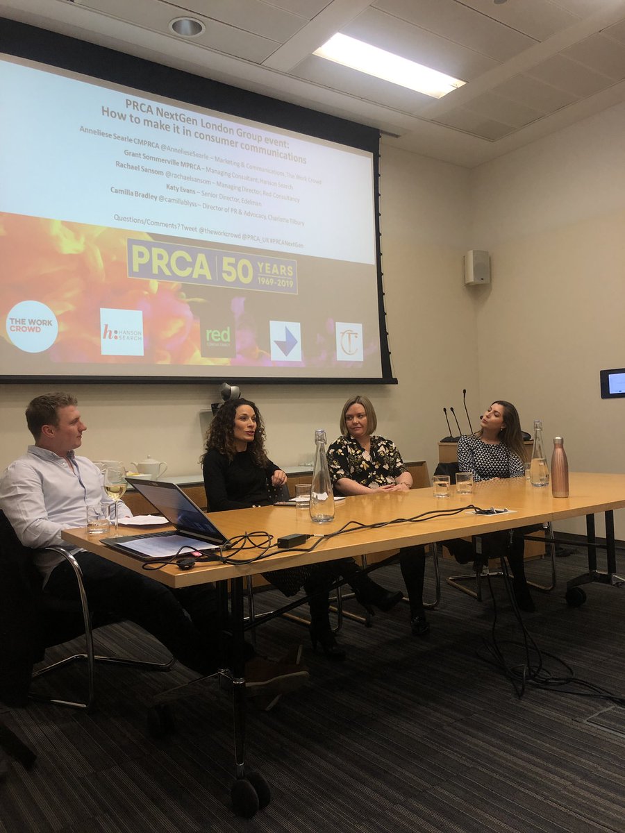 Ready to hear all about how these inspiring people got into #consumercomms at tonight’s @PRCA_UK next gen event. Hearing from Grant of @HansonSearch, @rachaelsansom of @redprnews, Katy of @EdelmanUK & @camillablyss of @CTilburyMakeup #PRCANextGen