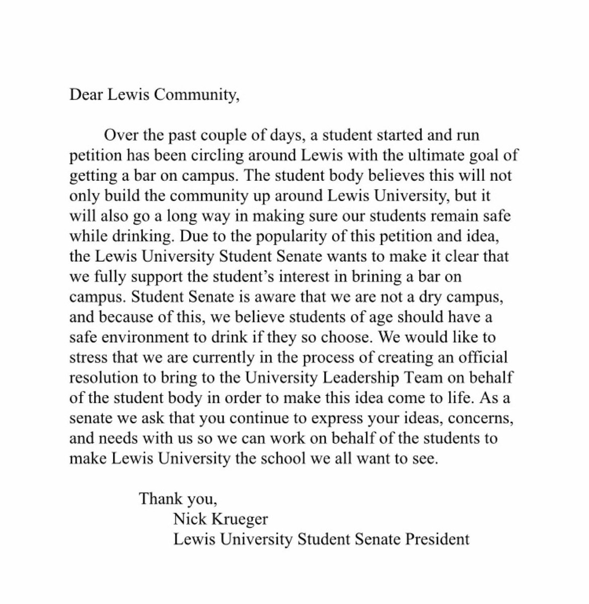 StudentSenateLU's tweet image. Addressing a petition for a bar on campus from president Nick Krueger of LUSS.
