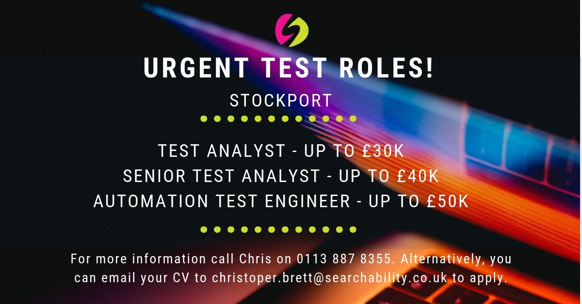 Brett_Testing's tweet image. 📢 URGENT ROLES!! 📢 Are you looking for your next Testing opportunity? If so look no further and call me on 0113 887 8355. #SoftwareTestingJobs #Stockport #searchability