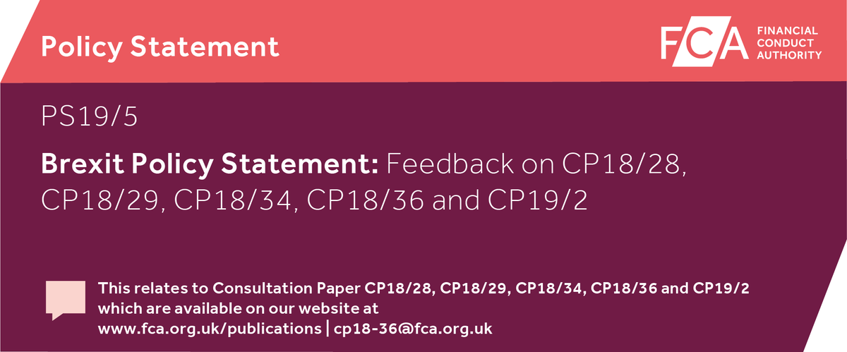 TheFCA's tweet photo. Brexit Policy Statement (PS19/5) and Transitional Directions https://t.co/ZR91OMaLi1 https://t.co/6z0k9jyBQB