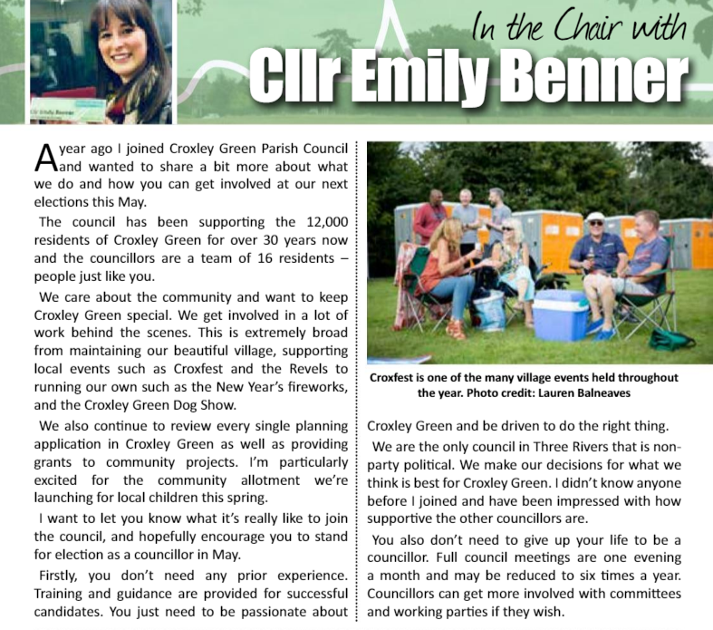In February's edition of Croxley's @mynewsmagazine Cllr Benner wrote about some of what we do at #CroxleyGreen Parish Council &amp; why you should join in too. 
You could be a Parish Councillor – why don’t you think about standing? bit.ly/2NtD36H #CGPCElections19 🗳️
