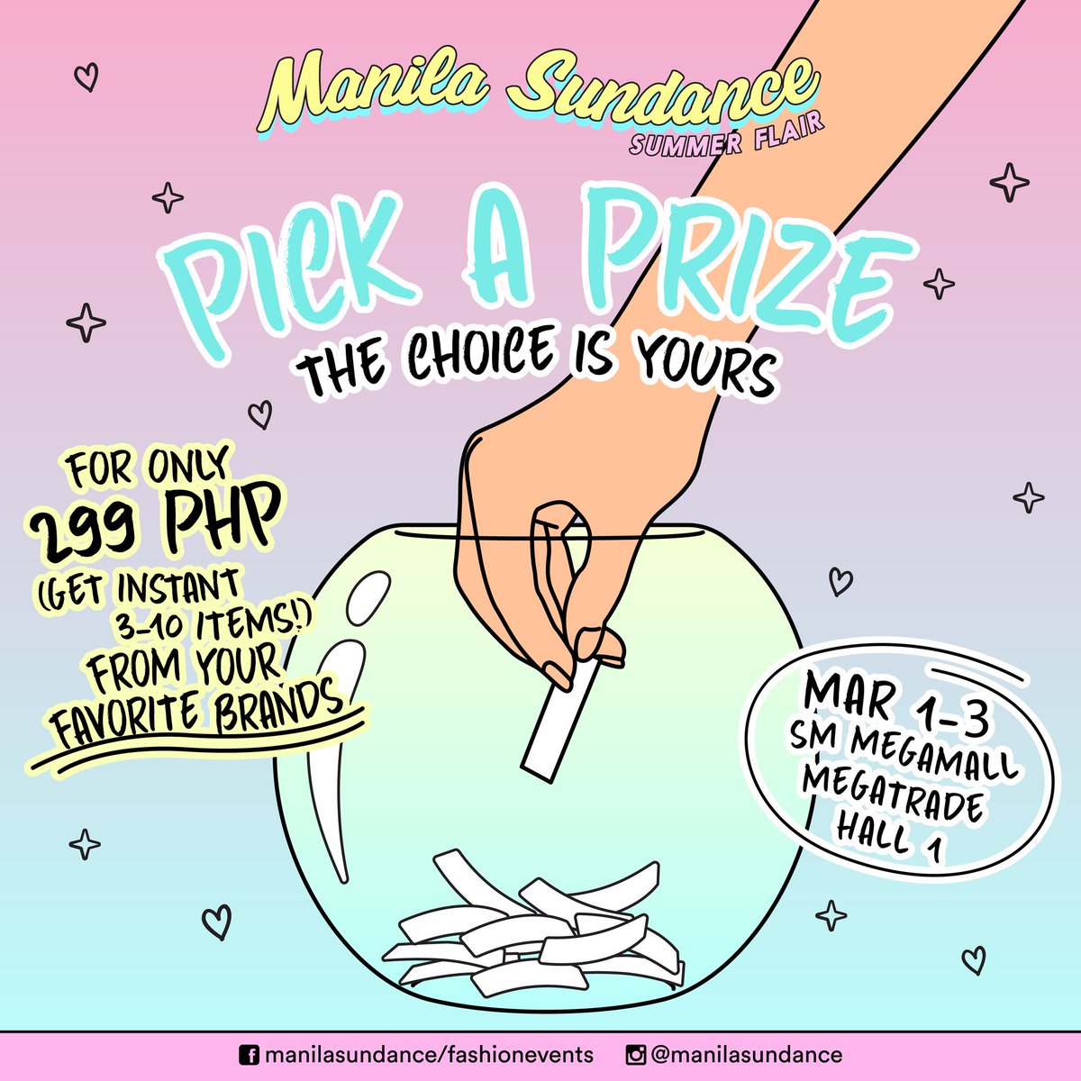 ManilaSundance's tweet photo. Join our first ever "Pick a Prize" Sale Campaign launching this Mar 1-3 at SM Megamall Hall 1 😍 https://t.co/nNnlGEC7ob