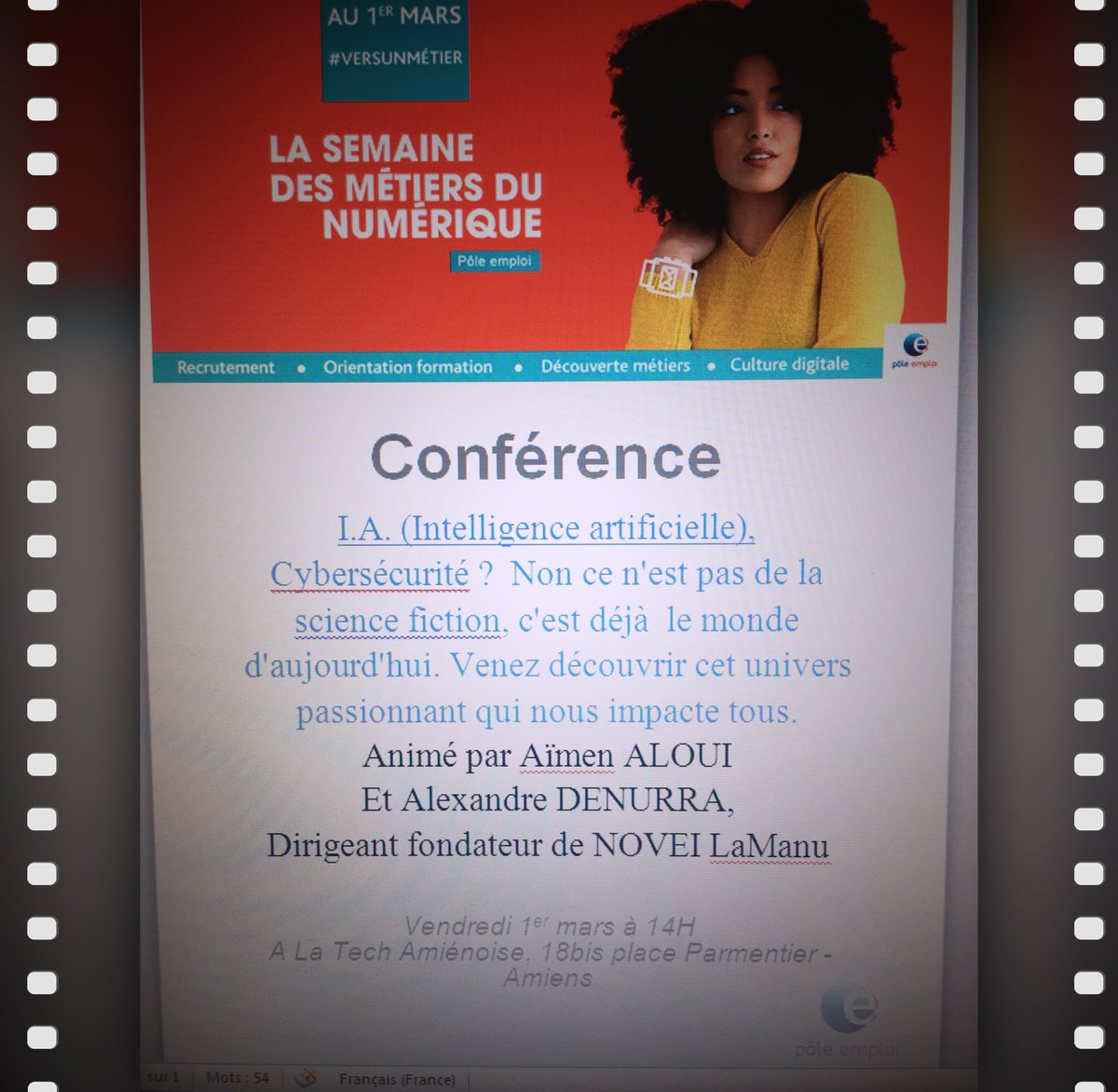 #avecpoleemploi sur Amiens venez finir la #SemaineDuNumérique à <a href="/laTechAmienoise/">La Tech Amiénoise</a> demain 14h pour la conférence sur l IA et la cyber sécurité. Merci à Alexandre Denurra <a href="/LaManuFormation/">La Manu</a> et @Weba72082128 .