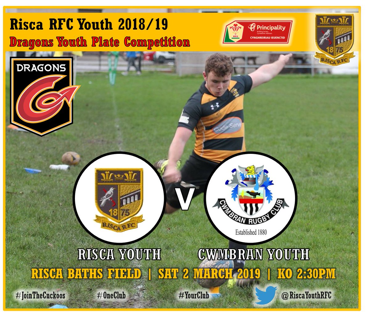 RiscaYouthRFC's tweet photo. #SupportTheYoof
GAME ON!!! #SupportTheCuckoos
π @CwmbranRFCYouth
π Dragons Youth Plate competition
π
Saturday 02nd March 2019
β° 2:30PM KO
π Risca Baths Field
π NP11 6BU
#OneClub #YourClub #UppaYoof
πππ€ππ€πππ https://t.co/73EYHEr1Tj