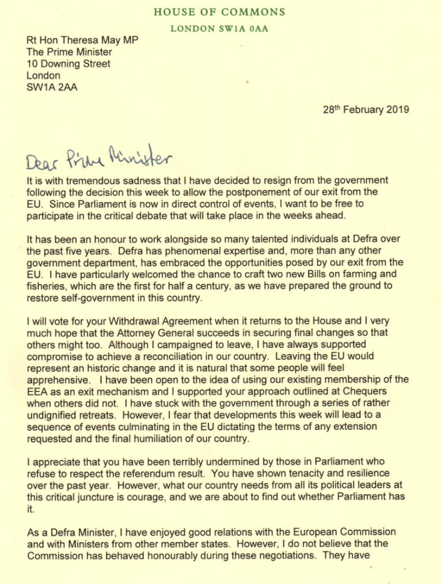 FarmersWeekly's tweet photo. BREAKING: Defra minister George Eustice resigns from government, citing possible delay to Article 50. See letter attached. #Brexit #Eustice #UK #EU #inorout https://t.co/ucH922oEgc