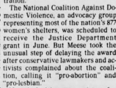 The Philadelphia Inquirer (Philadelphia, Pennsylvania) 1985-08-10"...group representing most of the nation's 877 women's shelters...The coalition has a lesbian task force that deals with such issues as discrimination against lesbian shelter workers and fear of homosexuals."