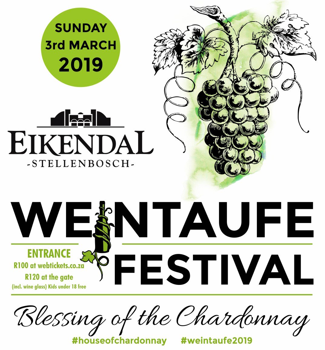 It's that time of the year again! #Weintaufe2019 #Wine  #Harvest2019 #WineTourism #Stellenbosch #Family #Fun #Festival #LoveCapeTown 
Happening this Sunday 3 March 2019. Get your tickets <a href="/webticketsSA/">webtickets.co.za</a> bit.ly/2Sq6szI for only R100 &amp; Kids Free! #HouseofChardonnay