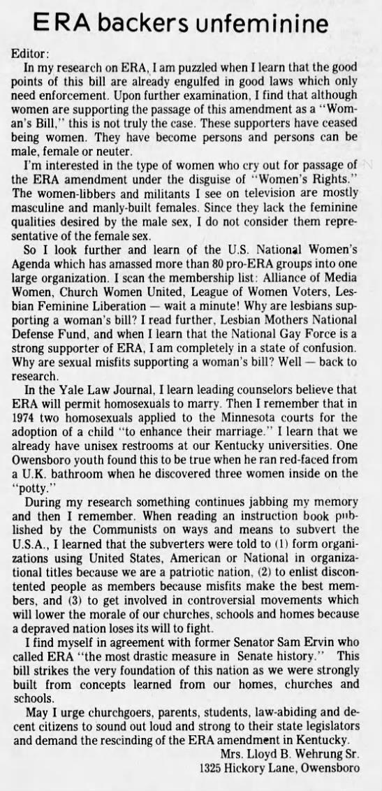 Messenger-Inquirer (Owensboro, KY, USA), 1975-12-07ERA backers unfeminine Too much here to unpack in a tweet. Let's just say it is hitting a lot of notes.