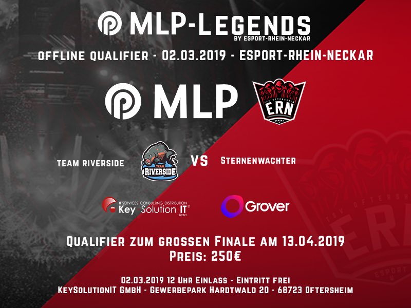 ➡️#MLPLegends Qualifier #Heidelberg 

Am Samstag, 02.03. findet um 12 Uhr unser Offlinefinale für #Wiesloch bei unserem Partner #KeySolution statt. Eintritt frei!
Wir freuen uns über jeden, der vorbeikommt!
#ern #LeagueOfLegends