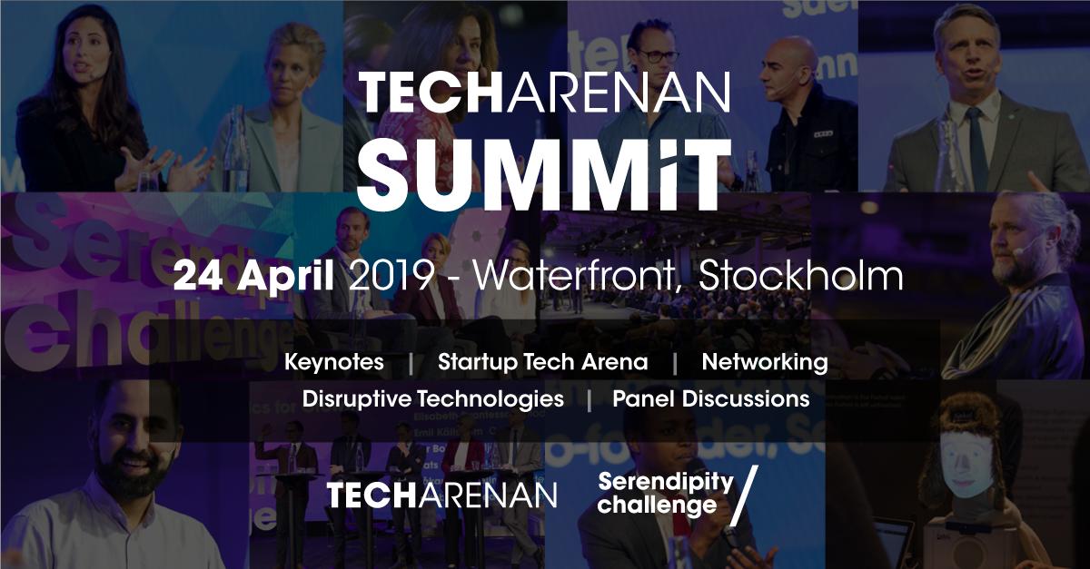 Claim your ticket and join more than 4000 participants’ at Techarenan Summit, 24 April in Stockholm. bit.ly/2VbklEu

An all-day event about Entrepreneurship and Innovation with Keynotes, Panel Discussions, Startup Tech Arena and Networking. #STHLMTech
