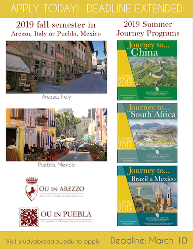 Did you miss the deadline for summer/fall #StudyAbroad? Good news: select journey programs, as well as fall programs at @OUinArezzo &amp; <a href="/ouinpuebla/">OU in Puebla</a>, will be accepting applications through 3/10. Apply today at studyabroad.ou.edu! #GoGlobal 🌎