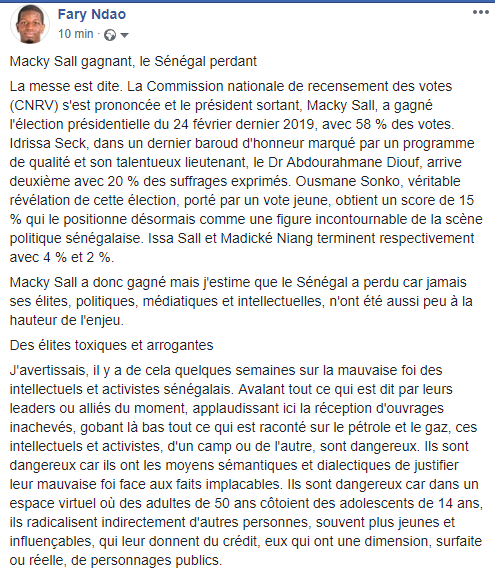 ndaofary's tweet image. "Macky Sall gagnant, le Sénégal perdant" (partie 1/2).
A lire entièrement ici : facebook.com/ndaofary/posts…