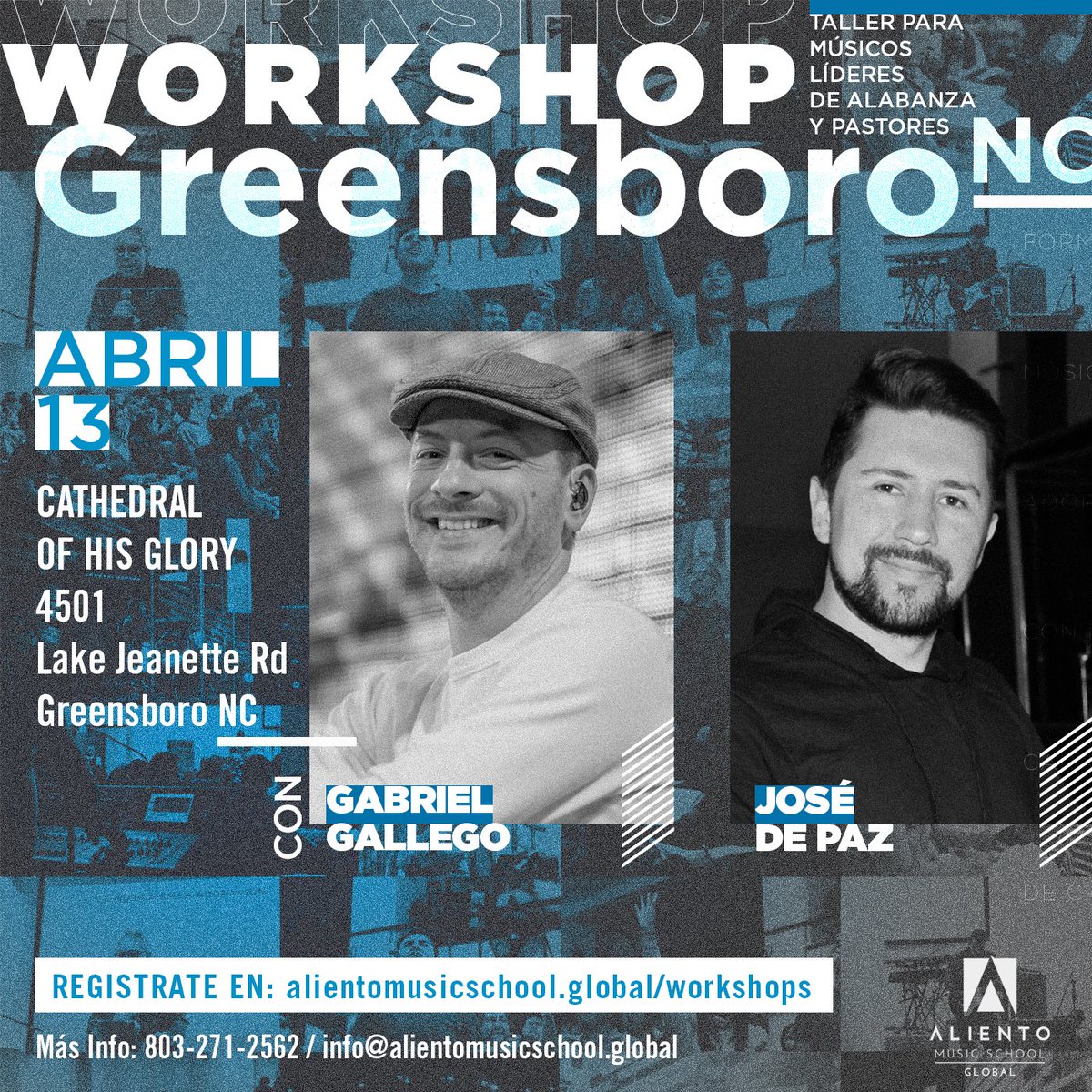AlientoMSGlobal's tweet photo. Workshops musicales y pastoral con @G2VidaMusik y @joseedepaz en la ciudad Greensboro, NC. Visita https://t.co/Xie1GaafYi para registrarte. https://t.co/kaomeF2Mf4