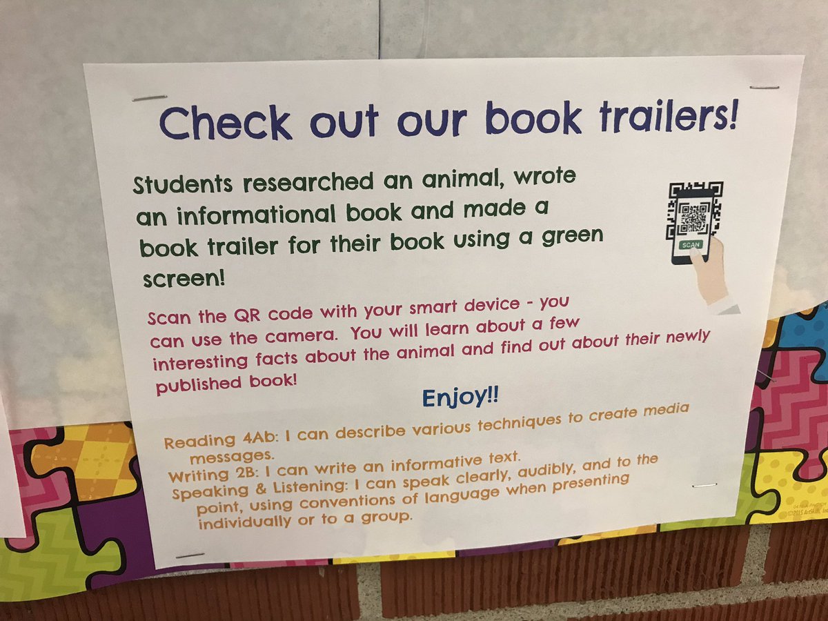 ken_koster's tweet photo. 2nd graders @rbebears have the book trailers displayed with QR codes for all to view. Kids researched an animal, created the informational book and then did a book trailer using a green screen with the habitat in the background! #DLDay #cpsbest https://t.co/KpeuSmTqnv
