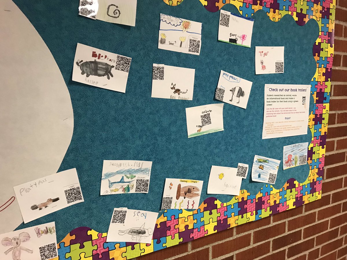 ken_koster's tweet photo. 2nd graders @rbebears have the book trailers displayed with QR codes for all to view. Kids researched an animal, created the informational book and then did a book trailer using a green screen with the habitat in the background! #DLDay #cpsbest https://t.co/KpeuSmTqnv