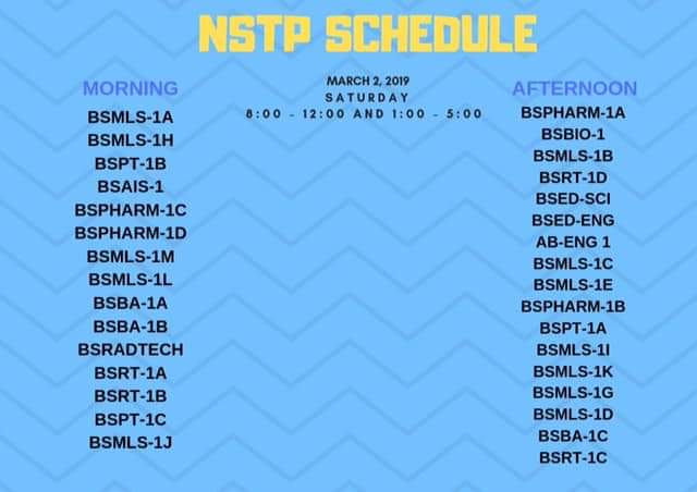 spcnsrc's tweet photo. ‼️IMPORTANT ANNOUNCEMENT‼️

THIS IS THE SCHEDULE FOR THIS SATURDAY'S NSTP CLASS. PLEASE BE GUIDED! 

CLASS PRESIDENTS: PLEASE DISSEMINATE THE INFO TO ALL YOUR CLASSMATES. THANK YOU!

VENUE: SPC GYM https://t.co/uMbVCTsAo8