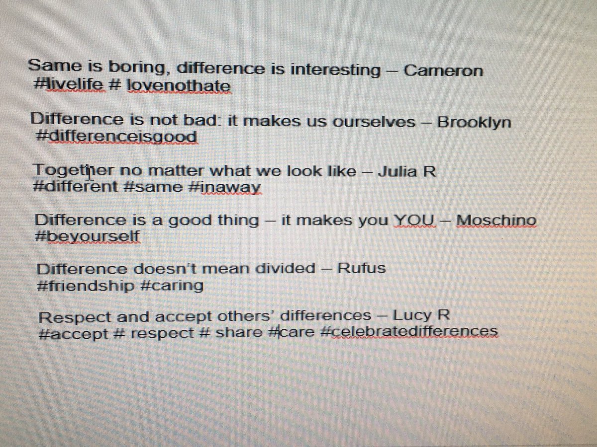 HumanitiesDA's tweet photo. Year 7 are investigating identity in Citizenship. This week we thought about differences. Here’s what they wanted to tweet about this #differenceisgood #celebratedifference #bedifferent #weareallthesame #sticktogether https://t.co/OahYukupJa