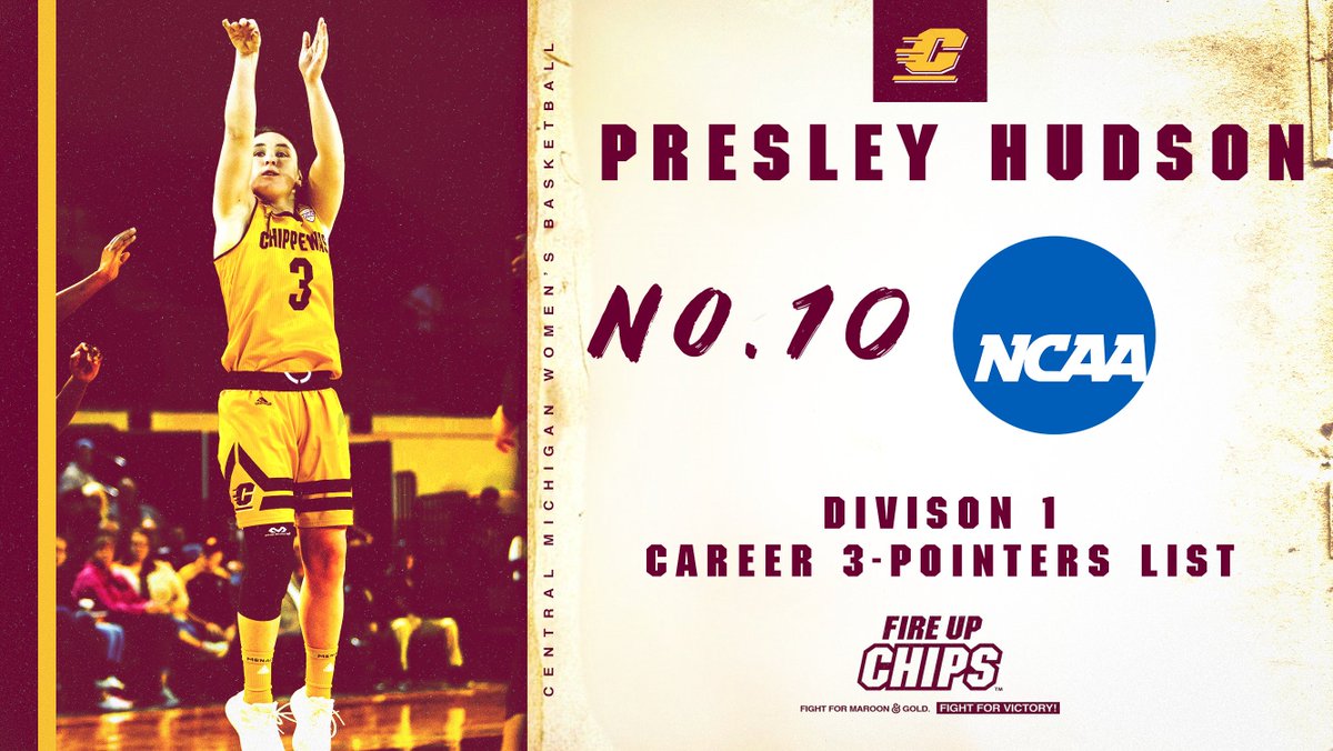 CMUWBBall's tweet photo. With a pair of triples in last night's victory at Ball State, Presley Hudson has  climbed into the Top-10 on the NCAA Division 1 career 3-pointers list with 3⃣8⃣8⃣ !! 🔥☝️🏀

#FireUpChips #ImPRESsive https://t.co/mYDeujl4nZ