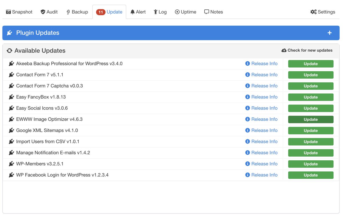 mywpguru's tweet image. So many new features have been released, I forget to announce them :) Here is a view of the one click plugin update tab for #WordPress sites in myJoomla.com
