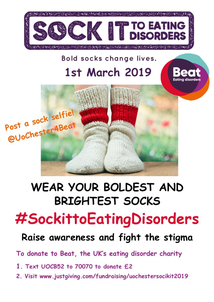UoChester4Beat's tweet photo. Join us tomorrow in wearing your brightest and boldest socks to say #SockItToEatingDisorders @shrewsburysu @ucshrewsbury and head to your information stand to help fight the stigma around #eatingdisorders #EDAW2019 https://t.co/N5FtiK7oHU