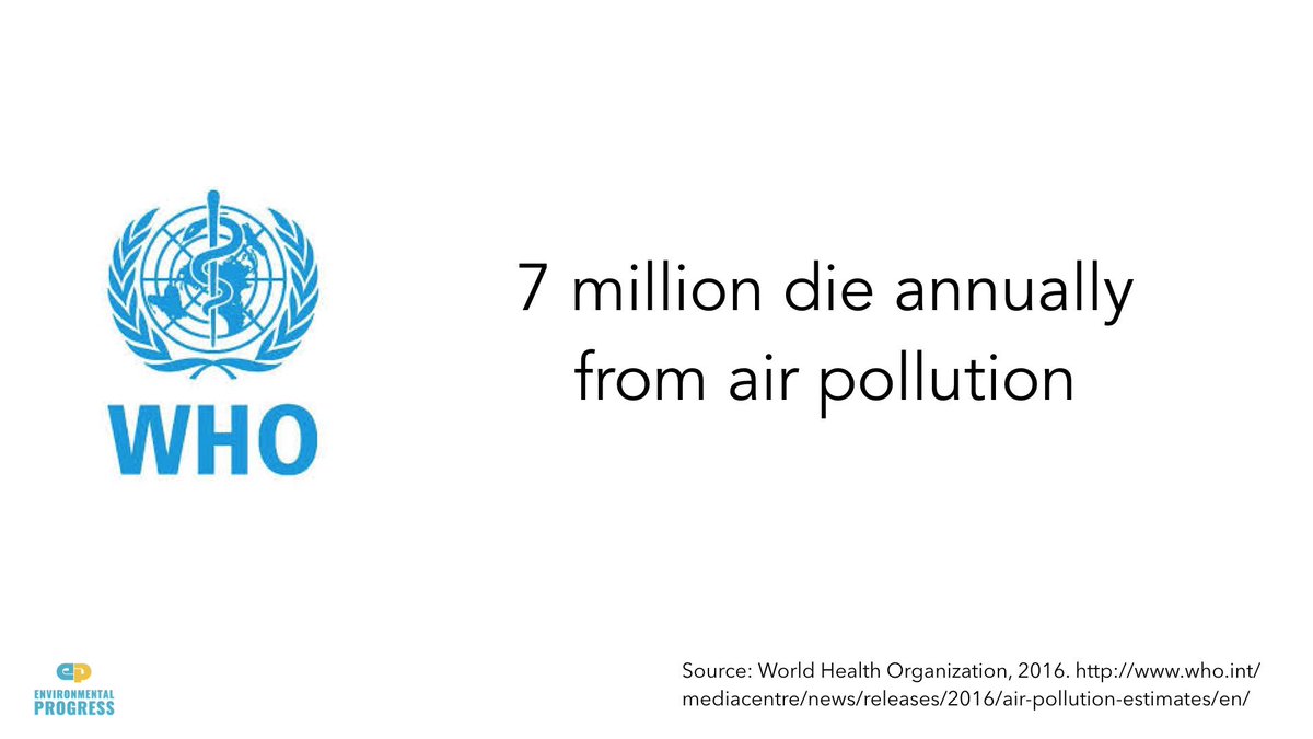 38. Because nuclear plants produce heat without fire, they emit no air pollution in the form of smoke. By contrast, the smoke from burning fossil fuels and biomass results in the premature deaths of seven million people per year, according to the World Health Organization.