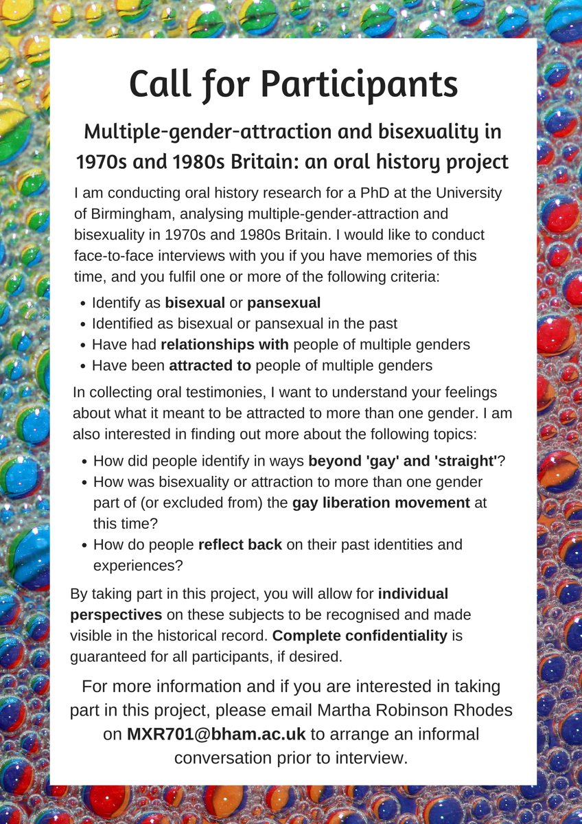 Today is the last day of #LGBTHM19 #LGBTHistoryMonth, but if you want to continue to further the study of LGBTQ history, please consider sharing (or taking part in, if you can!) my oral history project on bisexuality and attraction to multiple genders in 1970s and 1980s Britain