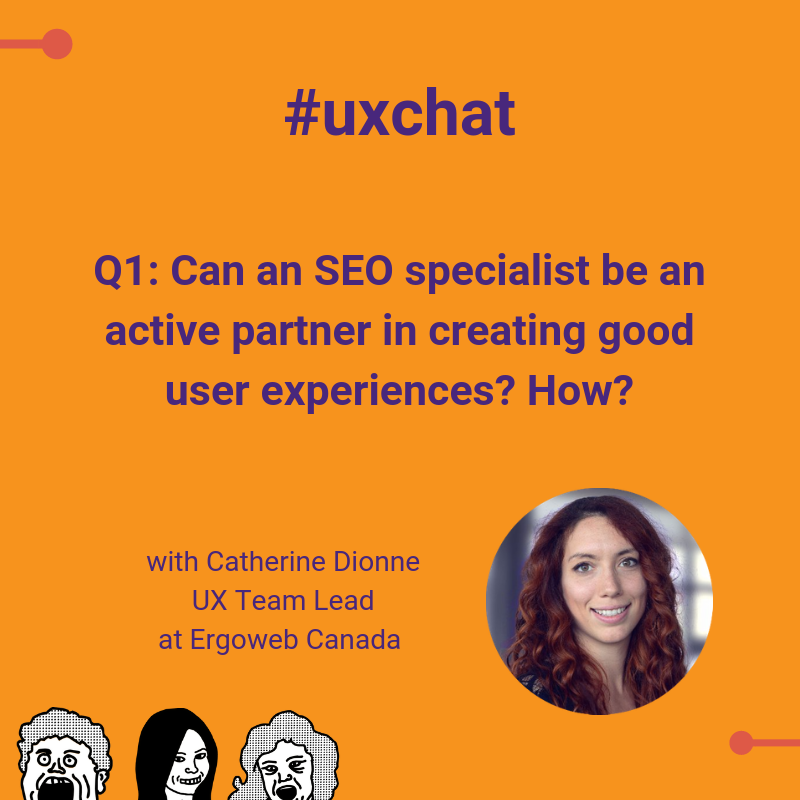 betterux_'s tweet photo. Welcome to #uxchat with @DionneCathe @ErgowebCanada 🎉

Q1: Can an SEO specialist be an active partner in creating good user experiences? How?

#seo #ux #semchat https://t.co/wLb18zP0Um