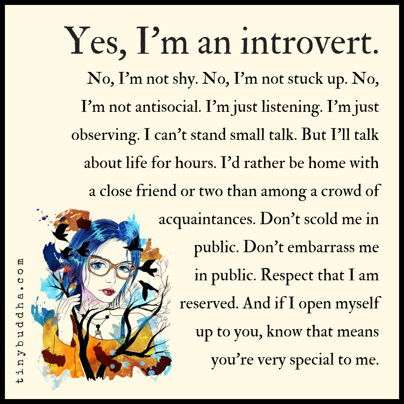 tinybuddha's tweet photo. Yes, I am an introvert. No, I’m not shy. No, I’m not stuck up. No, I’m not antisocial. I’m just listening. I’m just observing. I can’t stand small talk. But I’ll talk about life for hours. I’d rather be home with a close friend or two than among a crowd of acquaintances... https://t.co/nVXttosw09