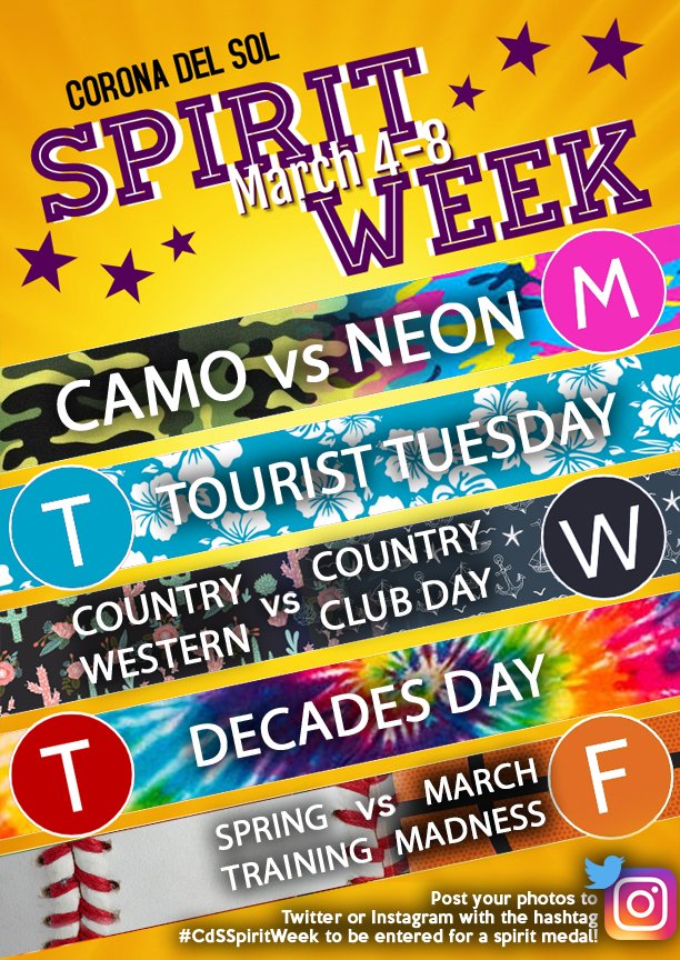 CdSStudco's tweet photo. Spring Spirit week is next week! Here are your days! Full explanation on [cdstv] tomorrow, so tune in! #CdSSpiritWeek https://t.co/Tn6hALGmAw