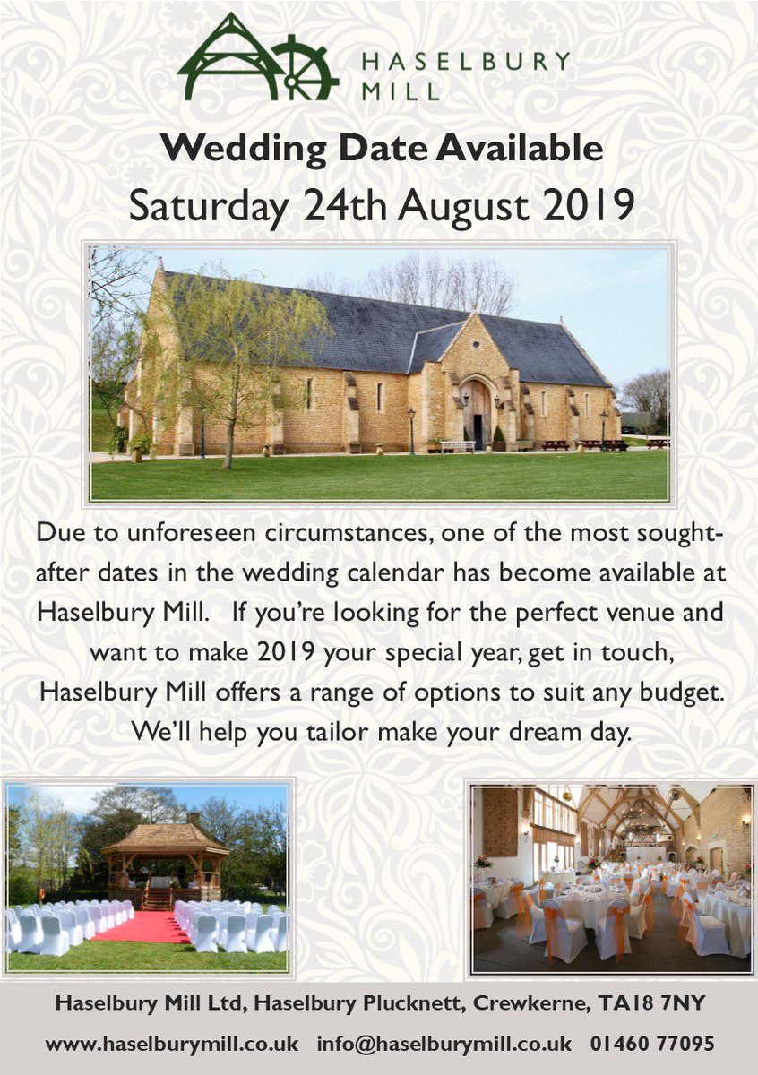 haselburyMill's tweet photo. Saturday 24th August 2019 wedding date available.  Sought after date has just become available give us a call to find out more 0146077095 #lastminutewedding #augustwedding https://t.co/rY5uBYJkhT