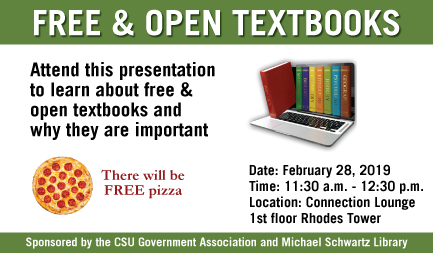 SchwartzLibrary's tweet photo. Join us today at 11:30 on the 1st floor to learn about free and open textbooks.  There is free pizza! https://t.co/L1gIK1JQOQ https://t.co/Tbi7i9qtKb