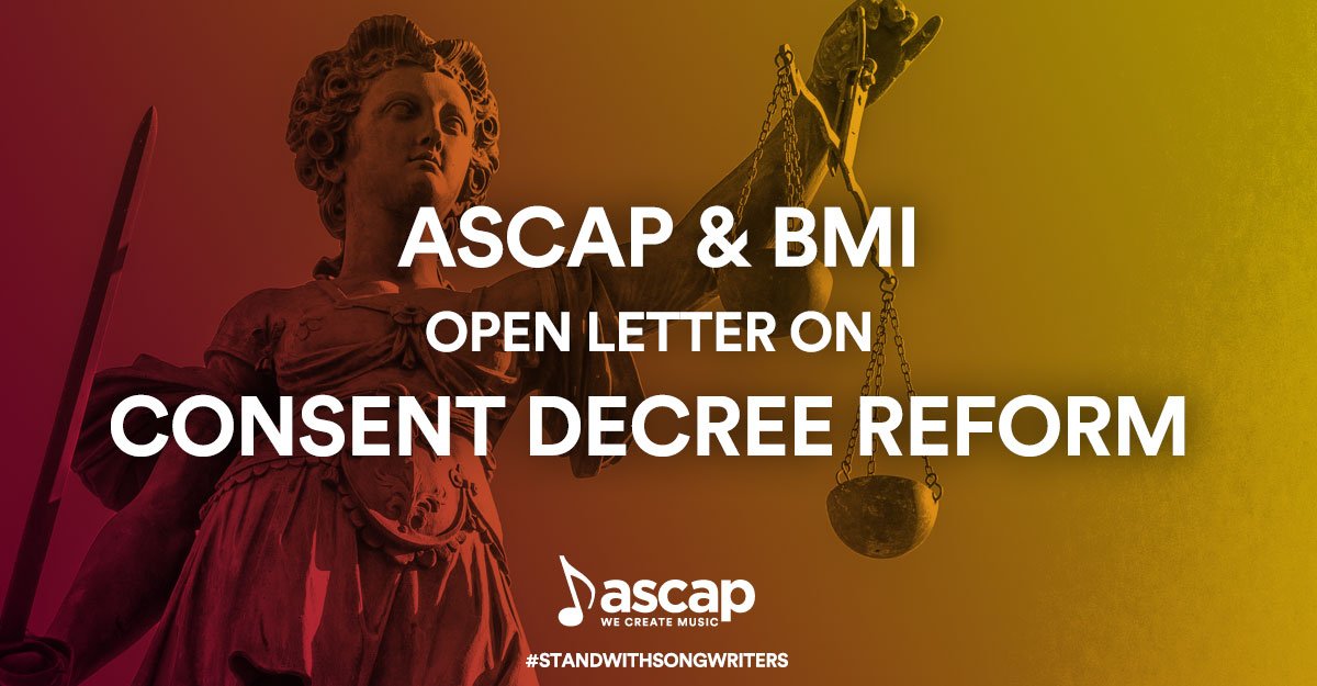 ASCAP's tweet image. We believe modernizing the consent decree will ensure a healthy future of competition &amp;amp; innovation. Read a joint statement from #ASCAP CEO @Beth_ASCAP &amp;amp; @BMI CEO Mike O'Neil on why consent decree reform is needed in the digital age bit.ly/2H4JVGs #StandWithSongwriters