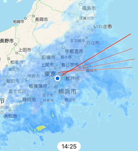 complexsystem's tweet image. 日中アメミルのアプリで雨の様子を見たら、いくつも異常な放射状に雨域が消えていたので、その接点に気象台があるのかも知れない、と思ったら柏にあった。

一番異常に雨域が消えているライン（実線）をたどると、、なんと牛久大仏が鎮座してた笑。

気象レーダーをも惑わす牛久大仏、恐るべしwww