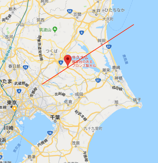 complexsystem's tweet image. 日中アメミルのアプリで雨の様子を見たら、いくつも異常な放射状に雨域が消えていたので、その接点に気象台があるのかも知れない、と思ったら柏にあった。

一番異常に雨域が消えているライン（実線）をたどると、、なんと牛久大仏が鎮座してた笑。

気象レーダーをも惑わす牛久大仏、恐るべしwww