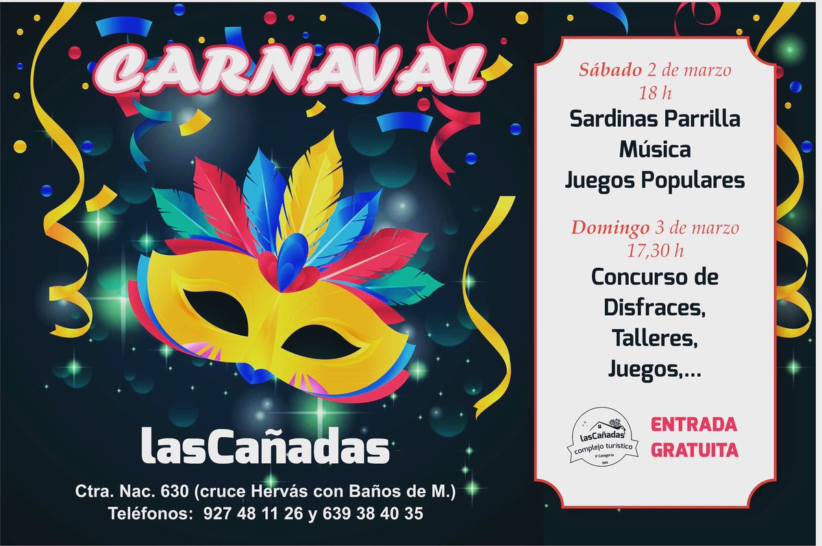 🎭¡¡#carnavales2019 tienes el mejor plan para conocernos!!🎭

🏡~LAS CAÑADAS COMPLEJO TURISTICO~🧗‍♂️
Fin de semana lleno de: 
#fiestadisfraces
#parrilla #sardinas
#actividadesparaniños
#multiaventura
#tirolina #escalada 
#escapadasconniños 
#rutas #senderismo