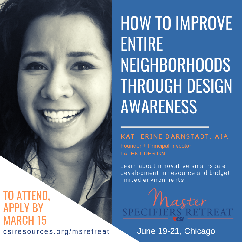 CSIConstruction's tweet photo. What impact can design have on vacancies in public spaces? Social impact designer Katherine Darnstadt of @LATENT_DESIGN will discuss how strategic urban design can result in vibrant spaces to live, work, and play. Apply to attend #CSIMSR by March 15! https://t.co/PcAPxn8GR7 https://t.co/fKlCWeYjUF