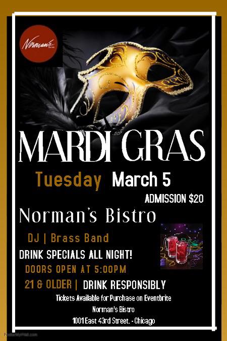 bvillenights's tweet photo. Celebrate Fat Tuesday in Bronzeville at @NormansBistro!!! Tuesday, March 5th. See you there! https://t.co/KmPTpAzYYh
