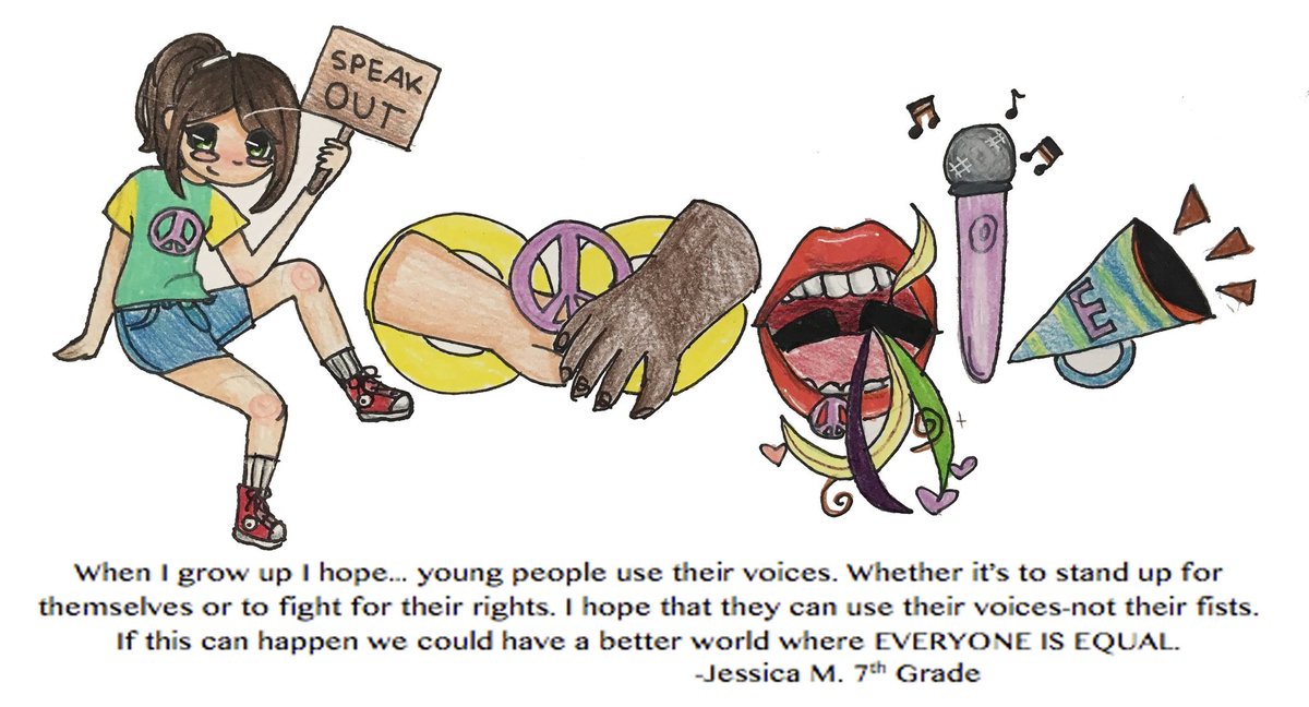 KacieMummert's tweet photo. Mabry 7th grader, Jesssica, encourages young people to use their voices to create equality in her Doodle 4 Google contest entry! @ChargersMabry @Google @Doodle4Google #cobbartrocks #CobbDLDay #DLDay #cobbintech #WhenIGrowUp https://t.co/8dKMsvKwNh
