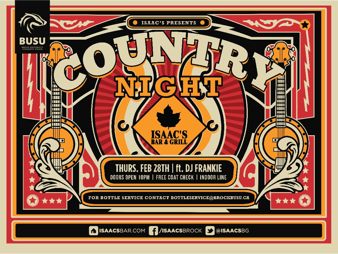 The cowboy hats and boots are coming out tonight at Isaac's! 👢 Will we see you and your group of country loving friends on the mechanical bull? 
Visit our FAQ page at brockbusu.ca/isaacs-faq before heading out the door. 
Doors at 10 w/ indoor lineup!