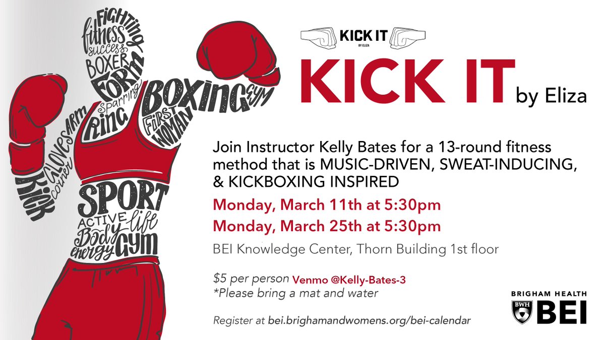 Please join the #BrighamBEI for <a href="/kickitbyeliza/">Kick It By Eliza®️</a> Kickboxing class with <a href="/BrighamWomens/">Brigham and Women's Hospital</a> instructor Kelly Bates on Monday, March 11th from 5:30 PM-6:30 PM to start the month of March off with a bang!

Please register here: bit.ly/2TjqKzj