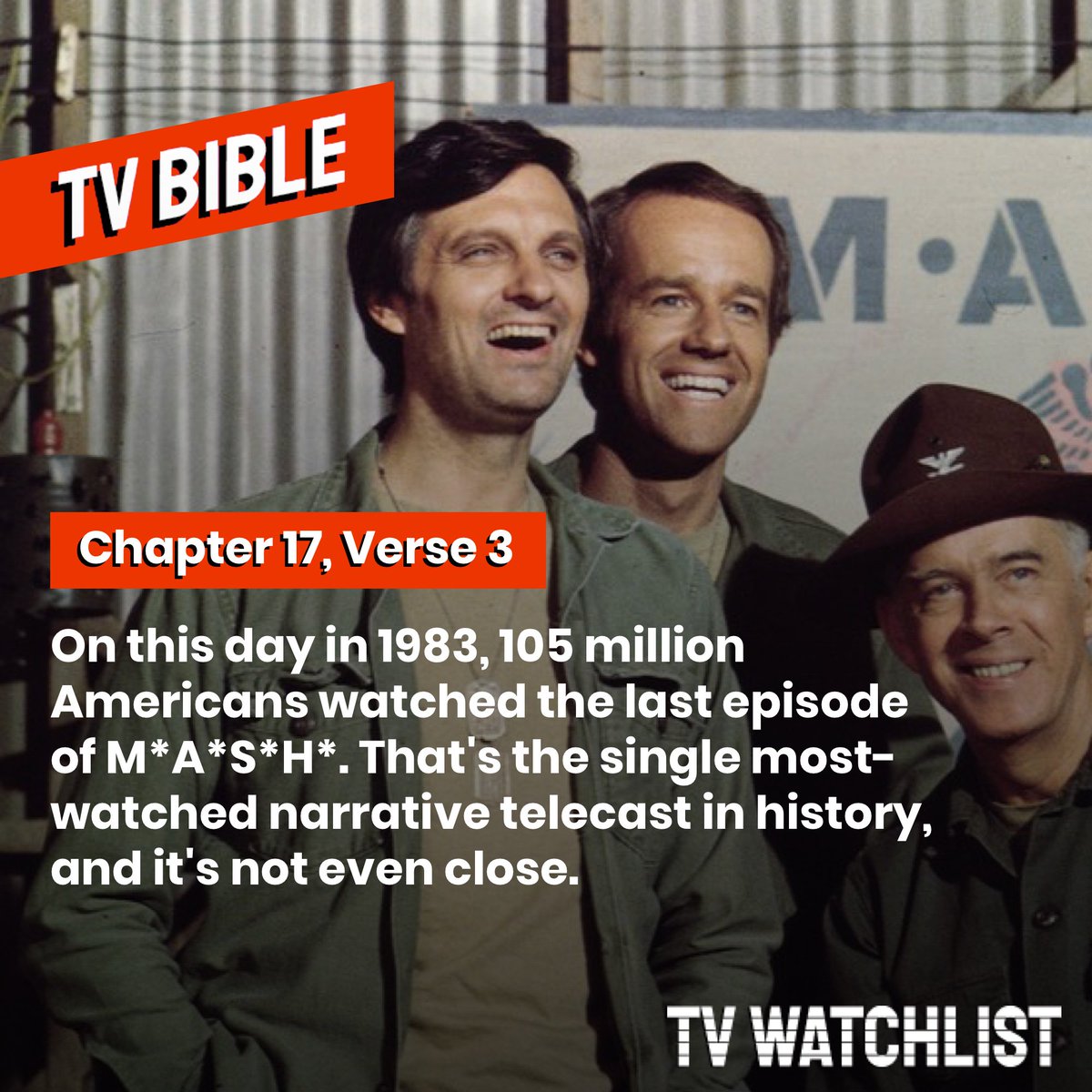 tvwatchlist's tweet photo. Today's Shower Thought: There has never been another time in the history of the human race when that many people came together at one time to watch one narrative story, and there will likely never be again. #MASH #TVWatchlist https://t.co/4E9xLrI5kL