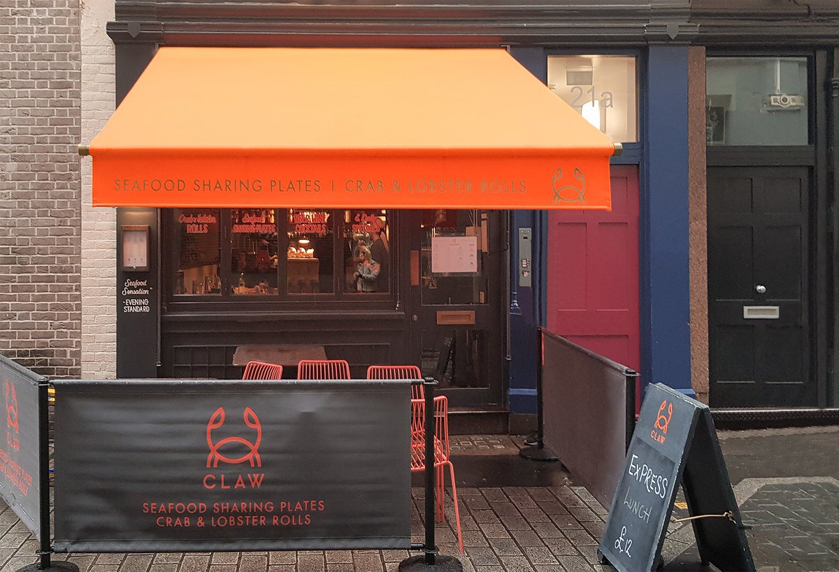 morcoawnings's tweet photo. We installed this Greenwich awning on the popular @CLAWfood  with a charcoal cover. However, this colour scheme did not fit in with the exciting and vibrant atmosphere created by the venue and the fabulous food they produce and so asked us to recover th awning in a vibrant orange https://t.co/yVlgXsVPym