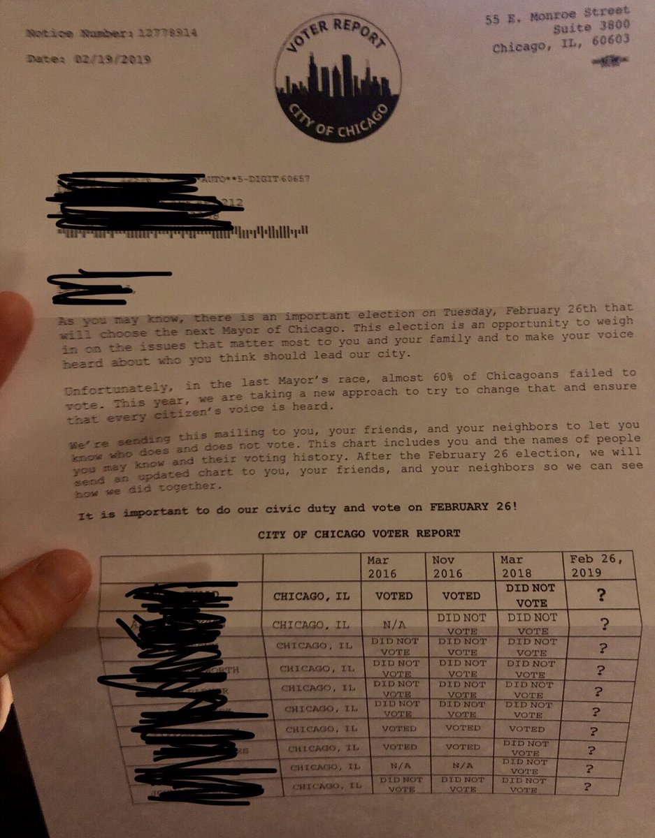Linnley's tweet photo. The city of Chicago has decided to #shame voters to their neighbors as a way to get them to #vote. Thoughts? PS: this letter was not addressed to me #cityofchicago #ChicagoMayoralElection #isthisethical @ChicagosMayor https://t.co/DU3n8F6CaW