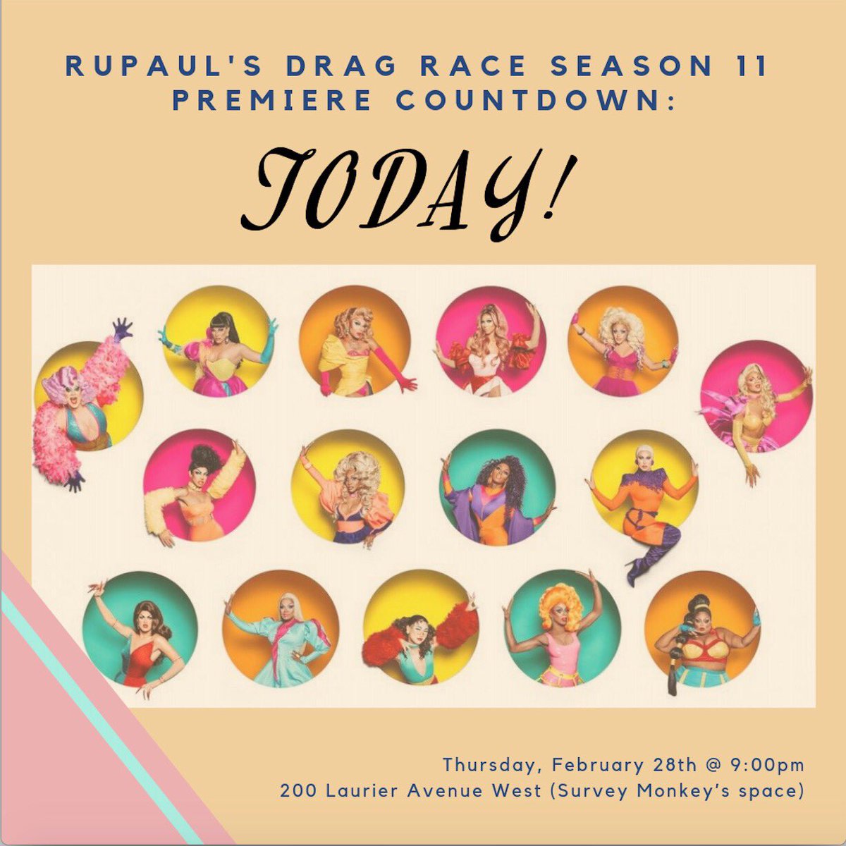 cusagsrc's tweet image. Today!! Come check out our RuPaul Season 11 Premiere at 200 Laurier West at 9:00pm. Don’t miss out! 🏳️‍🌈
•
[image description] RuPaul contestants in the promotion campaign on orange background.