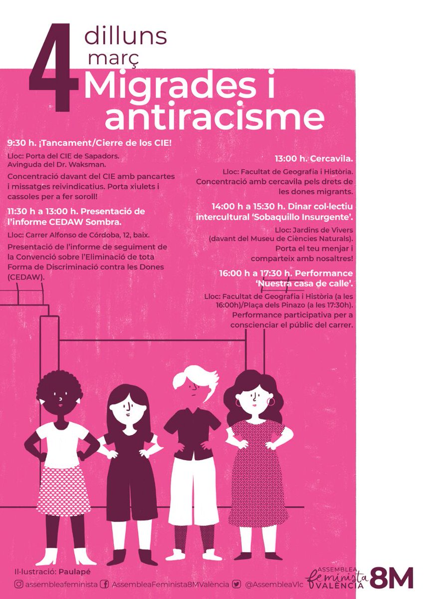 Viernes 1M empezamos los #8DiasDeRevuelta con concentraciones frente a los CIEs en Madrid, Algeciras y Gibraltar. El 4M continuaremos en Valencia. 

#PatriarcadoyCapitalAlianzaColonial Lucrecia Pérez, Samba Martine, Mame Mbaye, hermanxs nosotras no olvidamos #8M2019 #1000Motivos