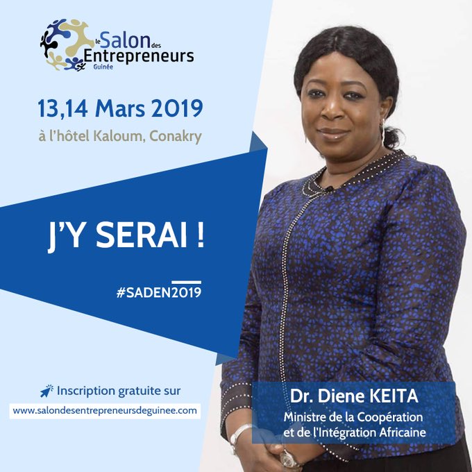 MAEIAGE_Guinee's tweet photo. Nous sommes heureux de vous annoncer la présence de Madame la Ministre @diene_keita au @SADEN_GN   . Toujours prompte à mettre son temps et son savoir faire au service de la jeunesse. S’inscrivant ainsi ds la politique du PRG #MCIAInfo #SADEN2019 https://t.co/tXjfn8JUJ1