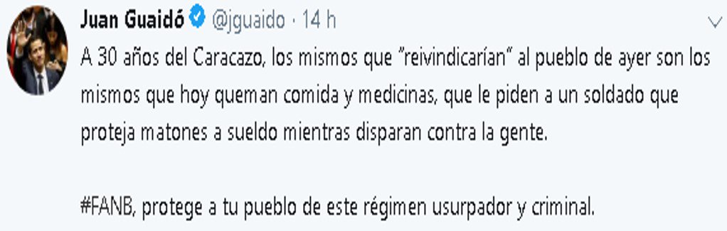 EnigmaBipolar's tweet photo. @jguaido reconoce que el teniente coronel #HugoChávez, uno de los conspiradores de la primera intentona golpista de 1992, es declarado culpable de dirigir la rebelión militar, siendo el comandante que reivindicaría al pueblo de ayer.
#EnVenezuelaVencioLaPaz https://t.co/pmbf1dUV9S