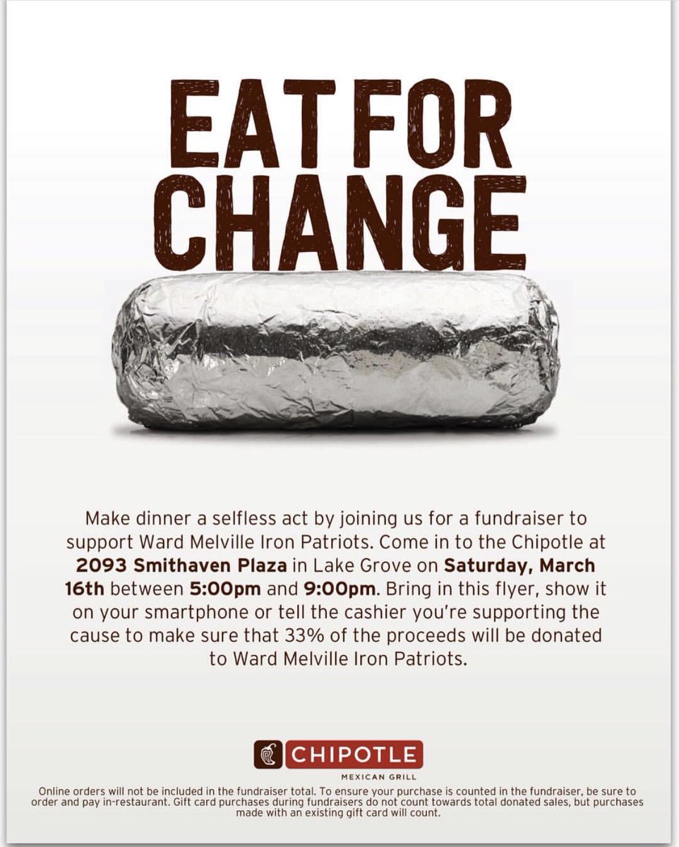 TheIronPatriots's tweet photo. Do you like Chipotle? We do! Visit the Chipotle in Smithaven Plaza on March 16th between 5:00 and 9:00, and 33% of your order will support our team. 🌮🌯🥗 https://t.co/gDbE0De5D1